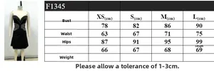 Detailed size chart for the French style strapless party dress in XS-L with measurements