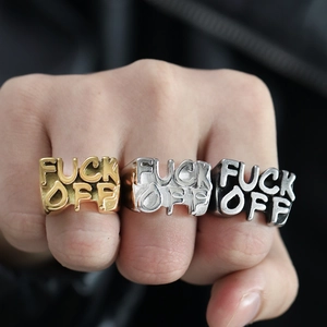 Retro punk titanium steel rings for men featuring bold Fuck Off lettering in three finishes