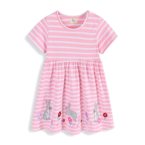 Robe Filles Coton Peigné Rayures Roses Blanches Manches Courtes Broderie Lapin Fleurs Décontracté Été Quotidien