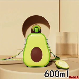 Detailed view of Style A 600ml avocado water bottle with adjustable strap and straw lid