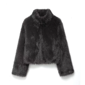 Women Faux Fur Jacket Short Coat Stand Collar Long Sleeve Zipper Solid Color Fashion Casual Outerwear Dark Grey