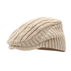 Winter knit cable beret in beige with short brim and warm fleece lining for cold weather