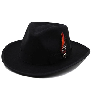 Detail of black wool fedora with decorative colorful feathers and vintage metal button