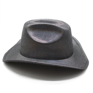 Close-up of holographic cowboy hat with colorful glitter finish for Halloween parties