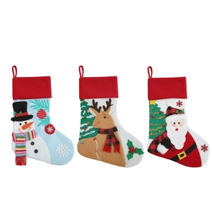 Three-piece knitted Christmas stocking set with Santa, Snowman, and Reindeer patterns