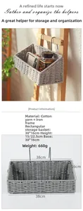 Detail of grey cotton rope hanging basket with iron frame dimensions and metal hooks