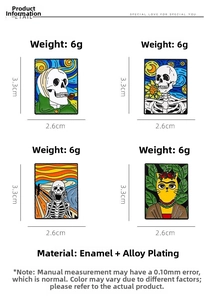 Detail showing enamel pins with Van Gogh art dimensions of 3.3cm by 2.6cm