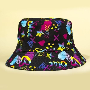 Graffiti bucket hat with neon heart star prints and embroidery on black canvas fabric