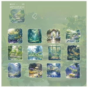 Dettaglio di 12 adesivi in PET a tema foresta e pioggia per decorazione journaling