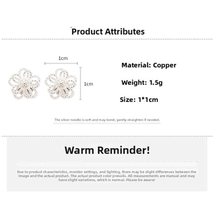 Detail view of silver hollow flower stud earrings with 1*1cm size and material specs