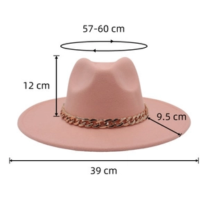 Detail view of pink felt fedora with gold chain trim and specific size dimensions