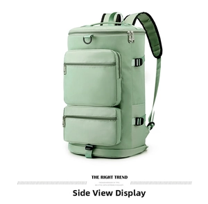 Side view of light green travel bag showing front zipper pockets and adjustable straps