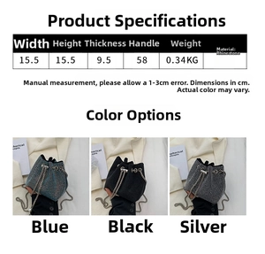 Size chart showing bucket bag dimensions and crystal material details for women