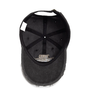 Distressed dark grey washed cotton baseball cap with vintage worn-out brim and adjustable strap