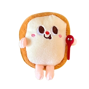 Cute plush toast bread doll keychain with a red spoon accessory and funny face