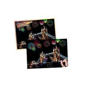 London Tower Bridge scratch art set with rainbow fireworks and city night scenery