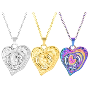 Detail of hollow heart pendant necklaces in silver, gold, and rainbow finishes