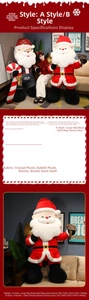 Size chart for plush Santa Claus toys detailing dimensions, weights, and premium fabrics