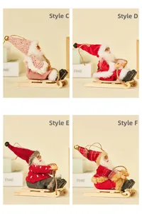 Detailed grid of four plush Santa skiing ornaments with velvet and sequin fabrics