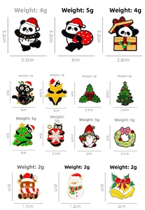 Size chart showing dimensions and weight for 14 Christmas enamel brooch styles