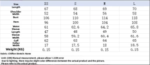 Size chart with measurements in cm for ruffle flared sleeve blouse in chiffon fabric