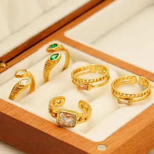 French Retro Gold Plated Stainless Steel Open Rings For Women With Colorful Zircon Niche Design Adjustable Finger Rings