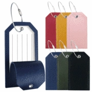 Detail of colorful PU leather luggage tags showing close-up flap and six color options