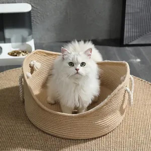 Letto Per Animali Domestici In Corda Di Cotone Intrecciata Cuccia Per Gatti Circolare Traspirante Con Manici E Cuscino
