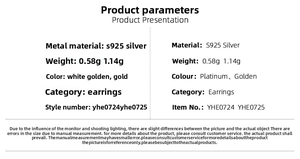 Specifications table for S925 silver bow earrings showing weights and colors