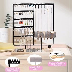 Detailed view of metal jewelry display stand with velvet rollers and solid wood base