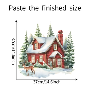 Vue détaillée du sticker de Noël avec maison enneigée et cerf, dimensions 37x37 cm