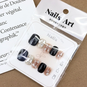 Faux ongles noirs faits main avec étoiles argentées et strass brillants, lot de 10