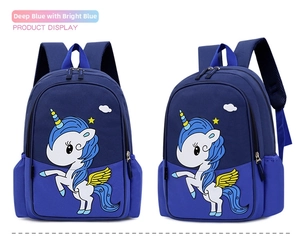 Detail of dark and bright blue unicorn backpack with waterproof fabric and mesh side pocket