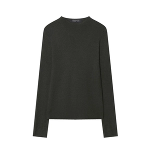 Detailed close-up of dark grey seamless knit sweater texture and mock neck collar