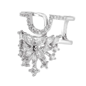 Detailed view of silver butterfly finger ring featuring marquise and round cut cubic zirconia