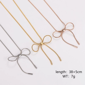 Minimalist stainless steel bow necklace in silver, gold, and rose gold finishes