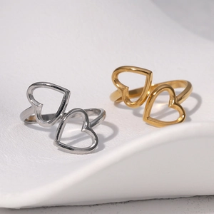 Stainless Steel Double Heart Adjustable Open Ring For Women Minimalist Luxury Jewelry 18K Gold Plated Trendy Accessories