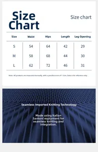 Detailed size chart for high-waisted seamless scrunch butt fitness shorts in dark blue