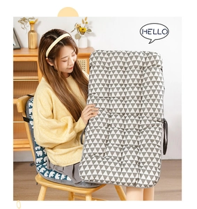 Thick chair cushion with grey geometric patterns and tie-on design for home office comfort