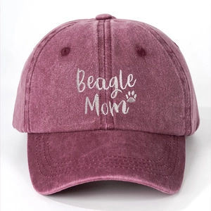 Fuchsia washed denim baseball cap with Beagle Mom embroidery and paw print detail
