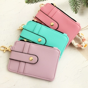 Multifunctional faux leather card holder with gold zipper and lanyard in pastel colors