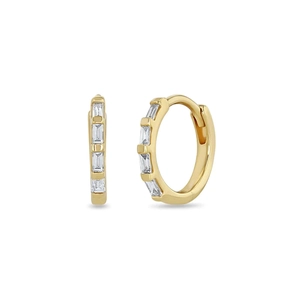 Classic gold S925 silver hoop earrings with rectangular baguette zircons on white backdrop