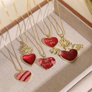 Collier Pendentif Cœur Ailes Rouge Cuivre Émail Sacré-Cœur Couronne Flamme Rétro Mode Bijoux Plaqué Or Pour Femme