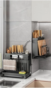 Kitchen organizer showing dual counter and wall mount modes for knives and cutting boards