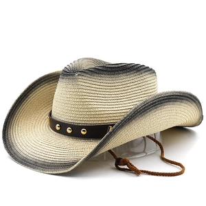 Gradient straw cowboy sun hat with metallic studs and chin strap for beach sun protection