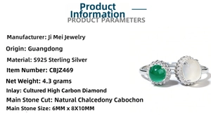 Detail of S925 silver ring with green chalcedony and diamonds, weighing 4.3 grams