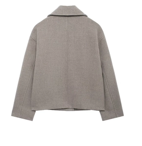 Back view of taupe short wool blend coat with clean cut and premium texture