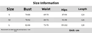 Detailed size chart for mesh off-shoulder dress showing bust, waist, and hip measurements