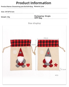 Detail view of 30x20cm Christmas gnome burlap gift bags with dimensions and weight info