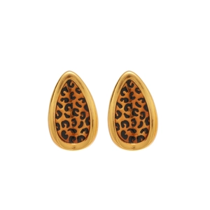 Minimalist gold leaf-shaped teardrop leopard print stud earrings for women on white background